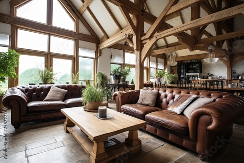 Leather Sofas   Vintage Accents  Rustic Barn Conversion Living Room Decor