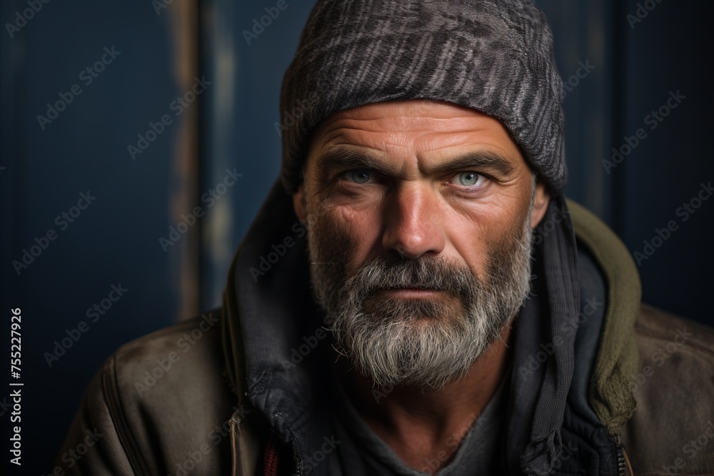 Portrait of a bearded man with a gray beard and a cap.