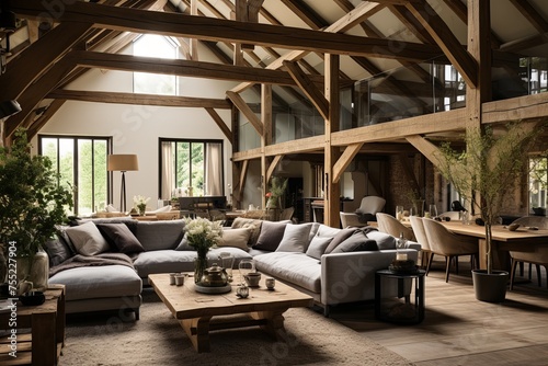 Woodland Serenity: Rustic Barn Conversion Living Room Decor with Nature-inspired Wood Accents © Michael
