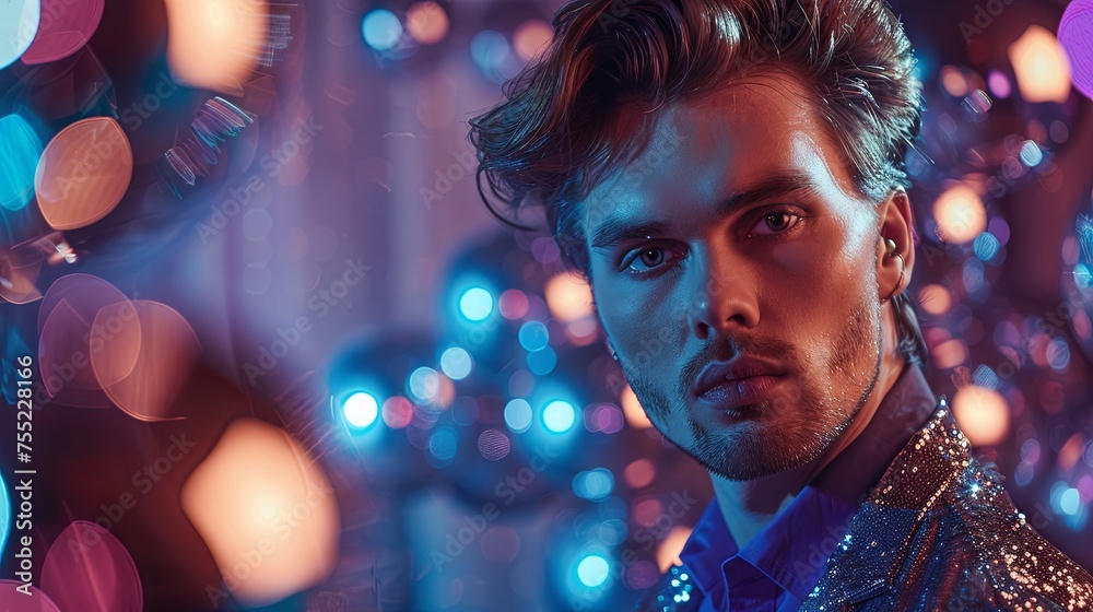 Handsome man dancing on retro disco party concept background Handsome man dancing on retro disco party concept background