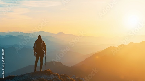 Solo adventure with a lone traveler standing against a softly blurred backdrop of distant mountains