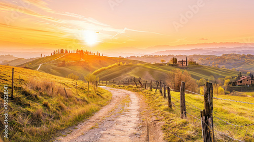 A picturesque sunset over rolling hills featuring a country road a fenced meadow and the warm glow of the golden hour