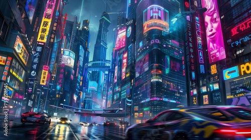Futurustic neon city with holographic billboards