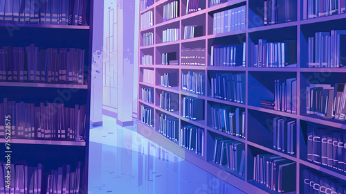 Stylized digital illustration of a library with shelves full of books cast in blue and purple hues reflecting on a shiny surface