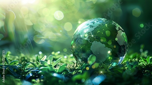 a globe on grass with blur bakcground and space fot text photo