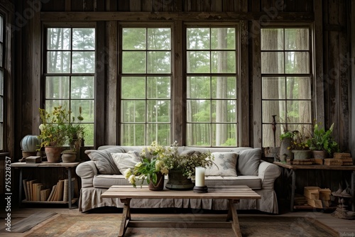 Rustic Farmhouse Living Room Ideas with Vintage Old Windows and Decor © Michael