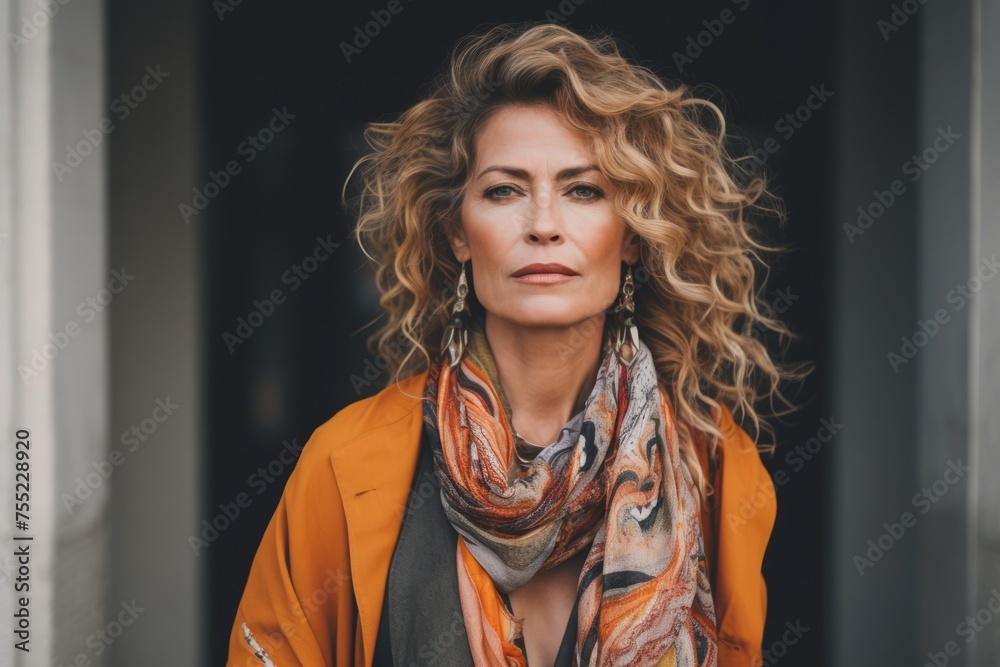 Portrait of a beautiful woman with curly hair in an orange coat Portrait of a beautiful woman with curly hair in an orange coat