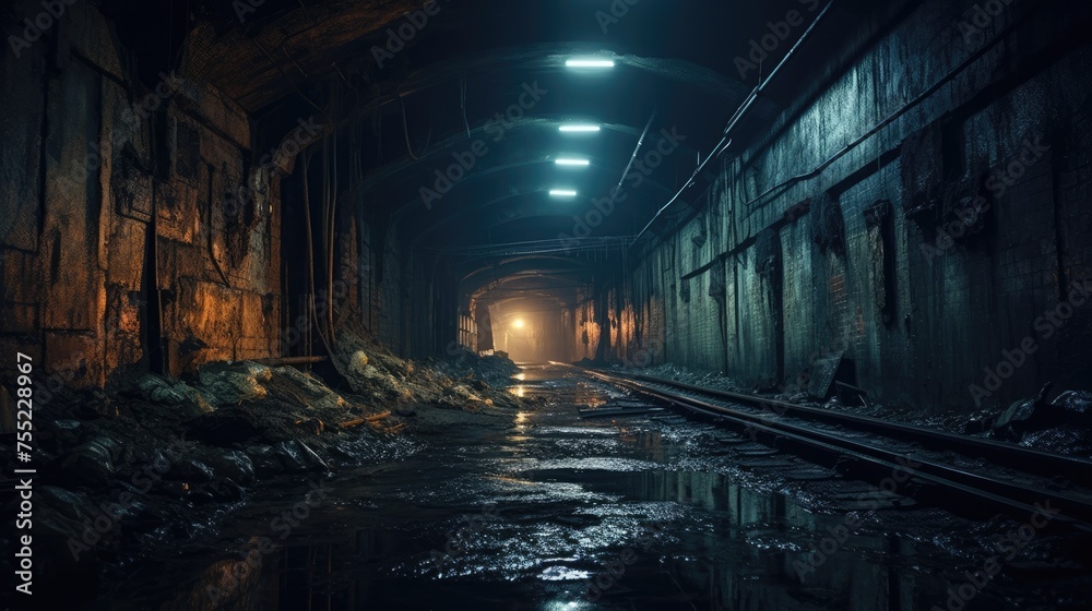 Urban abandoned dark tunnel dirty mine subway railway station wallpaper background - obrazy, fototapety, plakaty 