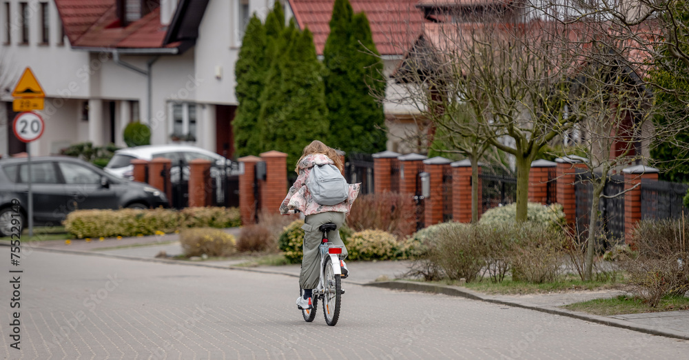 custom made wallpaper toronto digitalGirl Rides Bicycle Among Private Houses In Europe During Spring, View From Behind