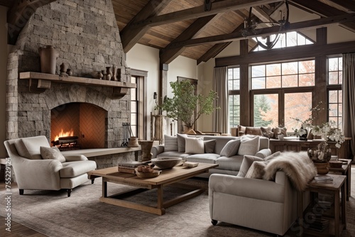 Wood Beams & Stone Fireplace: Rustic Farmhouse Living Room Ideas | Cozy Sofas