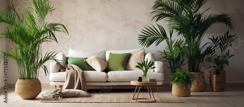 The living room is brimming with numerous green plants, including a decorative Areca palm, creating a vibrant and refreshing atmosphere. The plants are meticulously placed around the room,