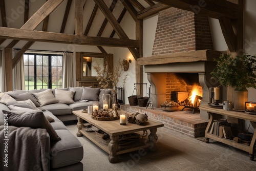 Wooden Beams and Cozy Fireplace: Rustic Farmhouse Living Room Ideas © Michael