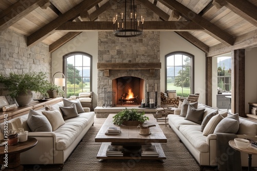 Wood Beams and Stone Fireplace: Rustic Farmhouse Living Room Ideas with Cozy Sofas