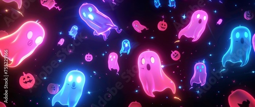 Many cute cartoon ghosts in pink and blue neon colors against a black background Generative AI