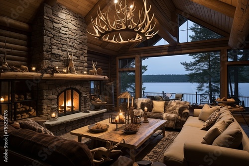 Antler Chandelier Illumination: Rustic Lakeside Cabin Living Room Decor with Unique Lighting