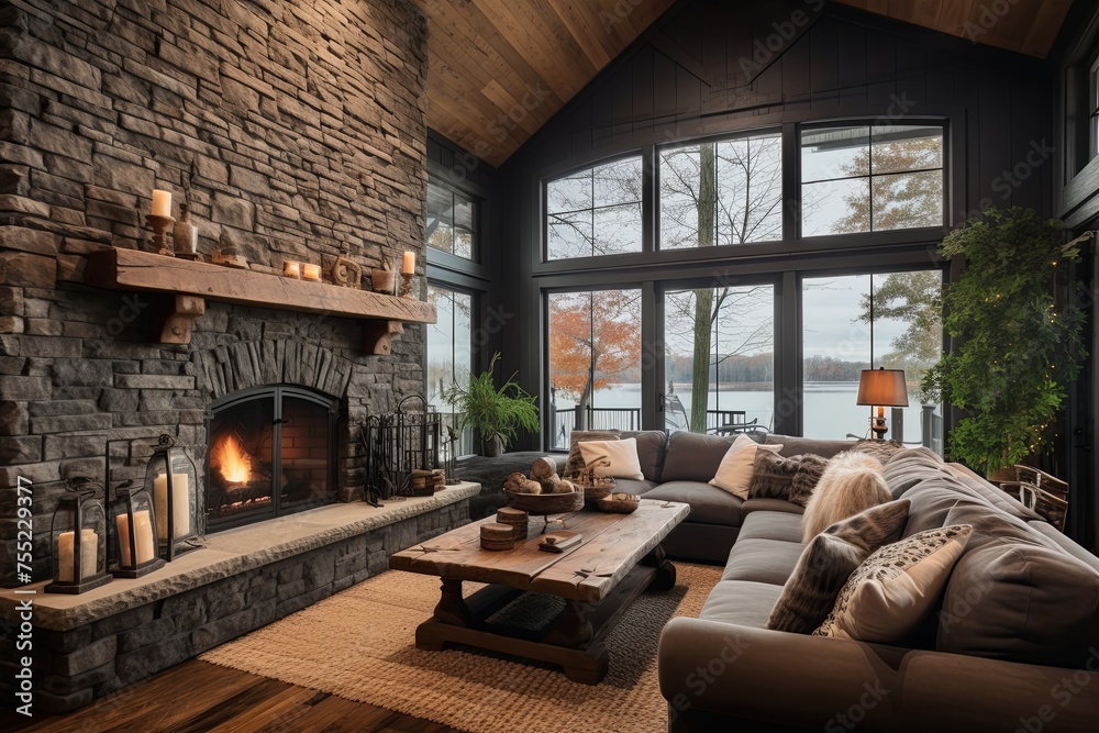 Rustic Lakeside Cabin Living Room Decor: Stone Accent Wall, Rustic Flair Rustic Lakeside Cabin Living Room Decor: Stone Accent Wall, Rustic Flair