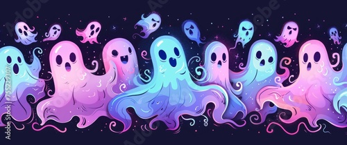 many simple cute cartoon ghosts in pink and blue glowing neon colors on a black background in the style of pastel goth Generative AI