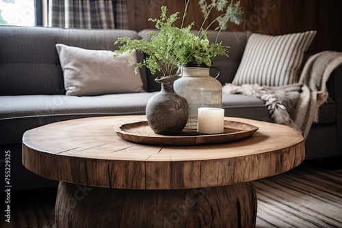 Natural Wood Coffee Table: Rustic Lakeside Cabin Living Room Decor with a Touch of Vintage Charm