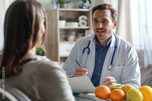 Dietician, male nutrition specialist consulting woman, developing healthy diet, dietary programme. Dietary consultant asking, giving male patient advice, help, nutritional information, new meal plan