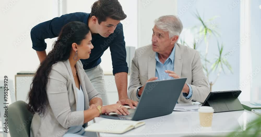 Discussion, ceo and people at meeting with technology for planning or research for company project or collaboration. Manager, employees and conversation with laptop for business and online report.