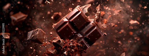 Macro photography showcasing a chocolate bar being smashed into pieces, with a focus on the intricate details of the texture and composition photo