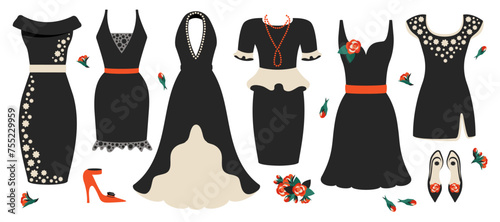 Set of different Elegant  dresses isolated. Classic luxury wear with jewelry, accessory, high heeled shoes, rose. Elegant evening gown for glamorous evening and cocktail party. Vector illustration