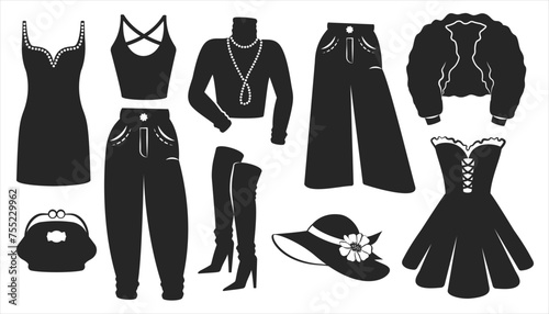 Set of black fashion outfits woman isolated. Silhouette of stylish casual clothes, boots, accessory for street style, party, festive event. Modern  Hand drawn design in sketch style. Vector 