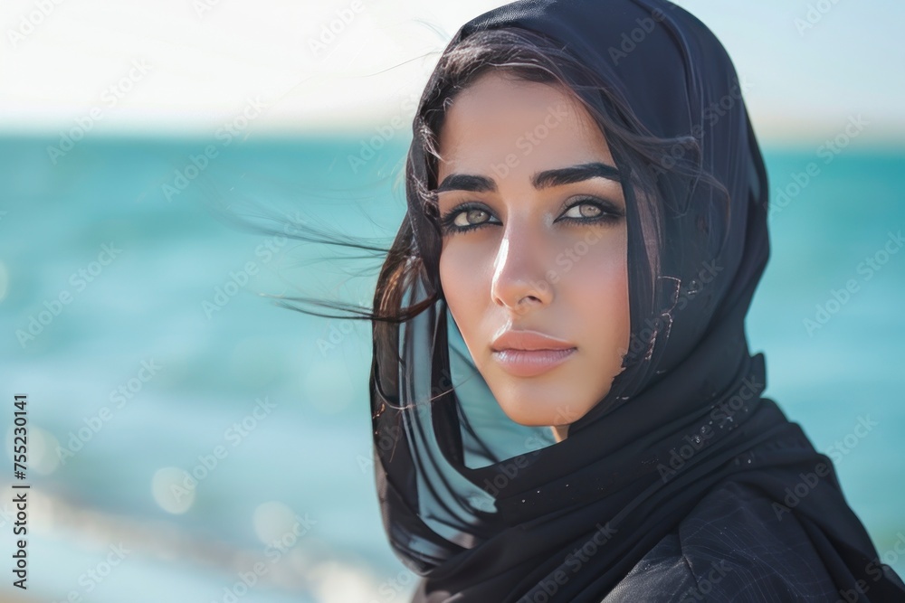 Beautiful arab saudi woman face posing on the beach with the sea in the background, copy space - generative ai Beautiful arab saudi woman face posing on the beach with the sea in the background, copy space - generative ai