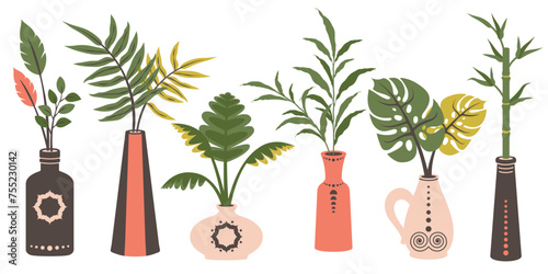 Set of ceramic vases with exotic leaves. Modern clay crockery and pottery with tropic composition. Trendy design for home interior. Hand drawn doodle earthenware different shapes, sizes, color. Vector