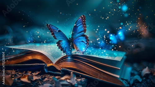 Open fairy tale magic book with flying butterfly wallpaper background