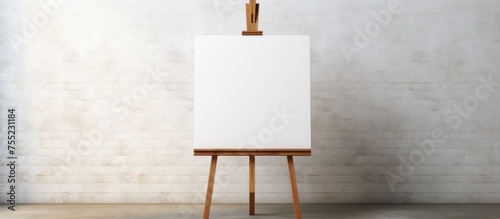 A wooden easel stands in a simple interior, holding a blank white canvas ready for an artist to begin painting or drawing.
