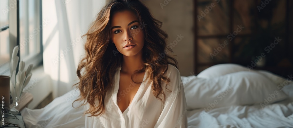 A woman is seated on a bed, wearing a white shirt. She appears relaxed and contemplative, with her hands folded in her lap. A woman is seated on a bed, wearing a white shirt. She appears relaxed and contemplative, with her hands folded in her lap.
