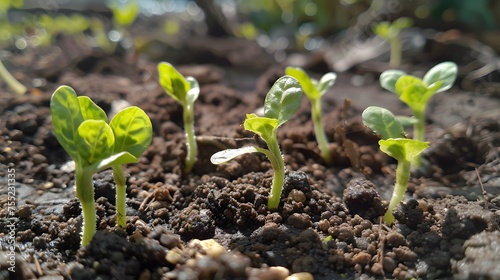 New growth sprout , seedling life growing in the garden dirt. Sunny weather.