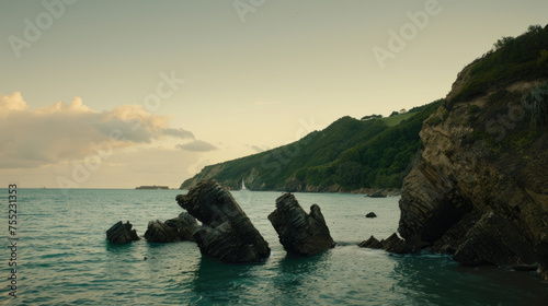 Serene seascape with jagged rocks foreground tranquil sea gentle waterfall lush greenery atop cliffs under a subdued sunset sky