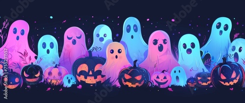 many simple cute cartoon ghosts in pink and blue glowing neon colors on a black background in the style of pastel goth Generative AI
