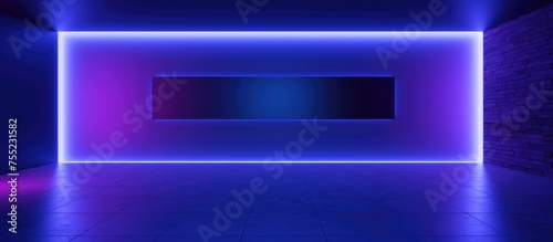 A dark purple room is illuminated by a vibrant blue and purple light, casting a mysterious and futuristic atmosphere on the empty space.