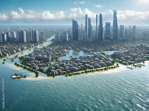 A city that is flooded due to rising sea levels due to global warming. #755231933
