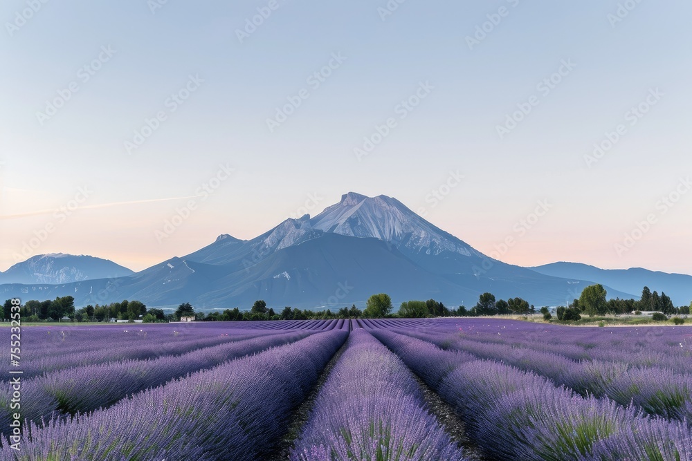 Lavender field with mountains and sky in the background