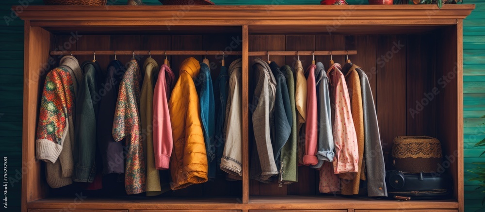 A wooden cabinet is overflowing with various types of clothes, neatly hung and folded inside. The shelves are tightly packed with shirts, pants, dresses, jackets, and other garments,