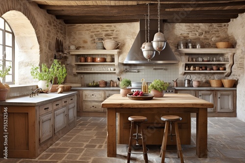 Spanish Revival Kitchen: Exposed Stone and Wooden Stools Inspiration