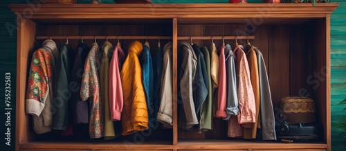 A wooden cabinet is overflowing with various types of clothes, neatly hung and folded inside. The shelves are tightly packed with shirts, pants, dresses, jackets, and other garments,