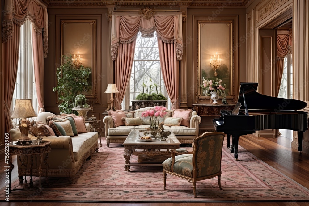Grandeur Exemplified: Stately Federal Style Living Room Decors with Luxurious Drapes, Grand Furnishings, and Elegant Decor