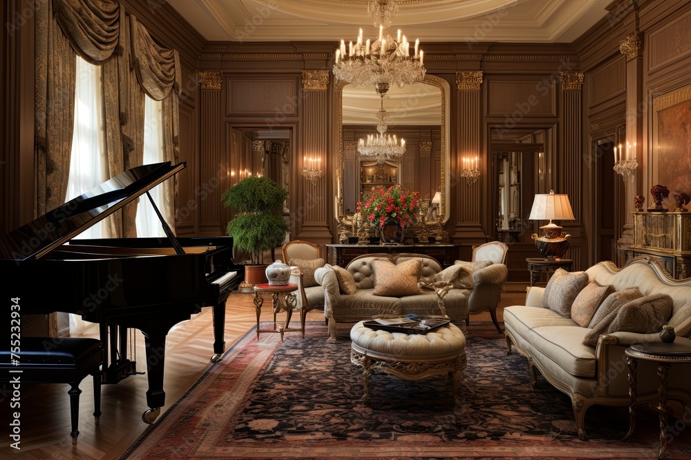 Fototapeta premium Luxurious Drapes and Grand Furnishings: A Stately Federal Style Living Room Decors Endeavor