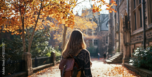 photo from the back of a woman college university-student standing at an old Ivy League boarding school fantasy campus in preppy clothes magazine film look in autumn