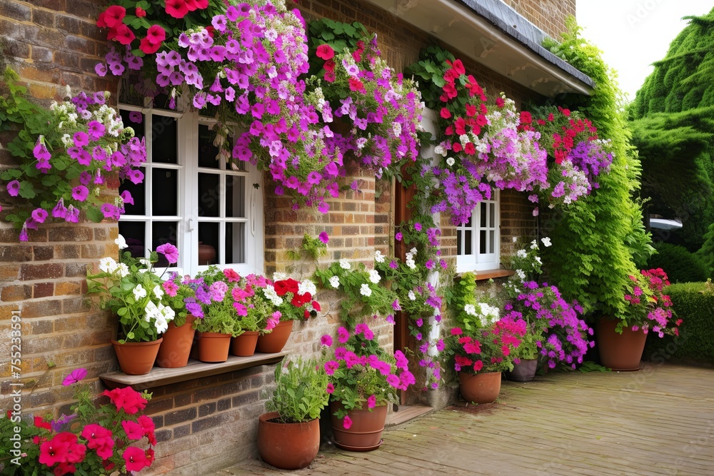 Hanging Baskets Overflows: Vibrant Floral Oasis on a Traditional English Garden Patio