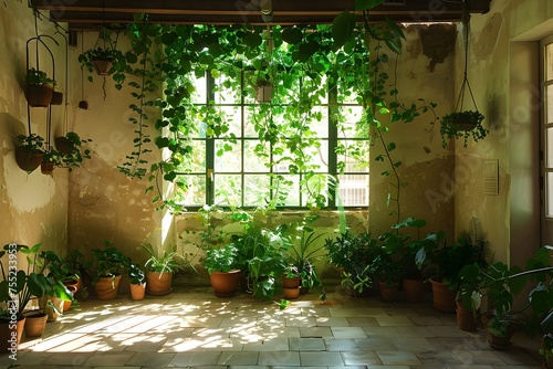 Serene Indoor Oasis A Lush Haven of Potted Plants and Hanging Vines in a Stylish Home