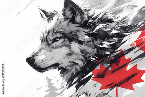 artistic rendering of a wolf with a backdrop of the Canadian flag.