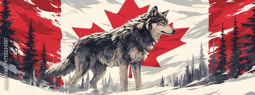 artistic rendering of a wolf with a backdrop of the Canadian flag.