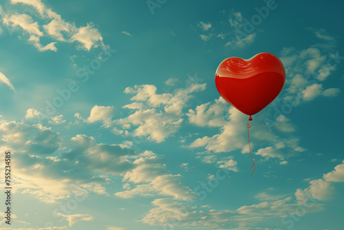 A heart-shaped balloon soaring high in the sky, symbolizing the buoyancy of love and happiness. Concept of love's elation. Generative Ai.