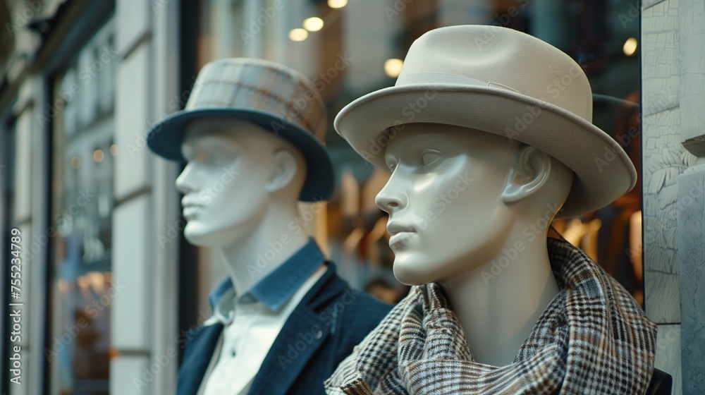 Street Style Elegance: Two Mannequins in Formal Attire, Hats, and Scarves Outside Shop